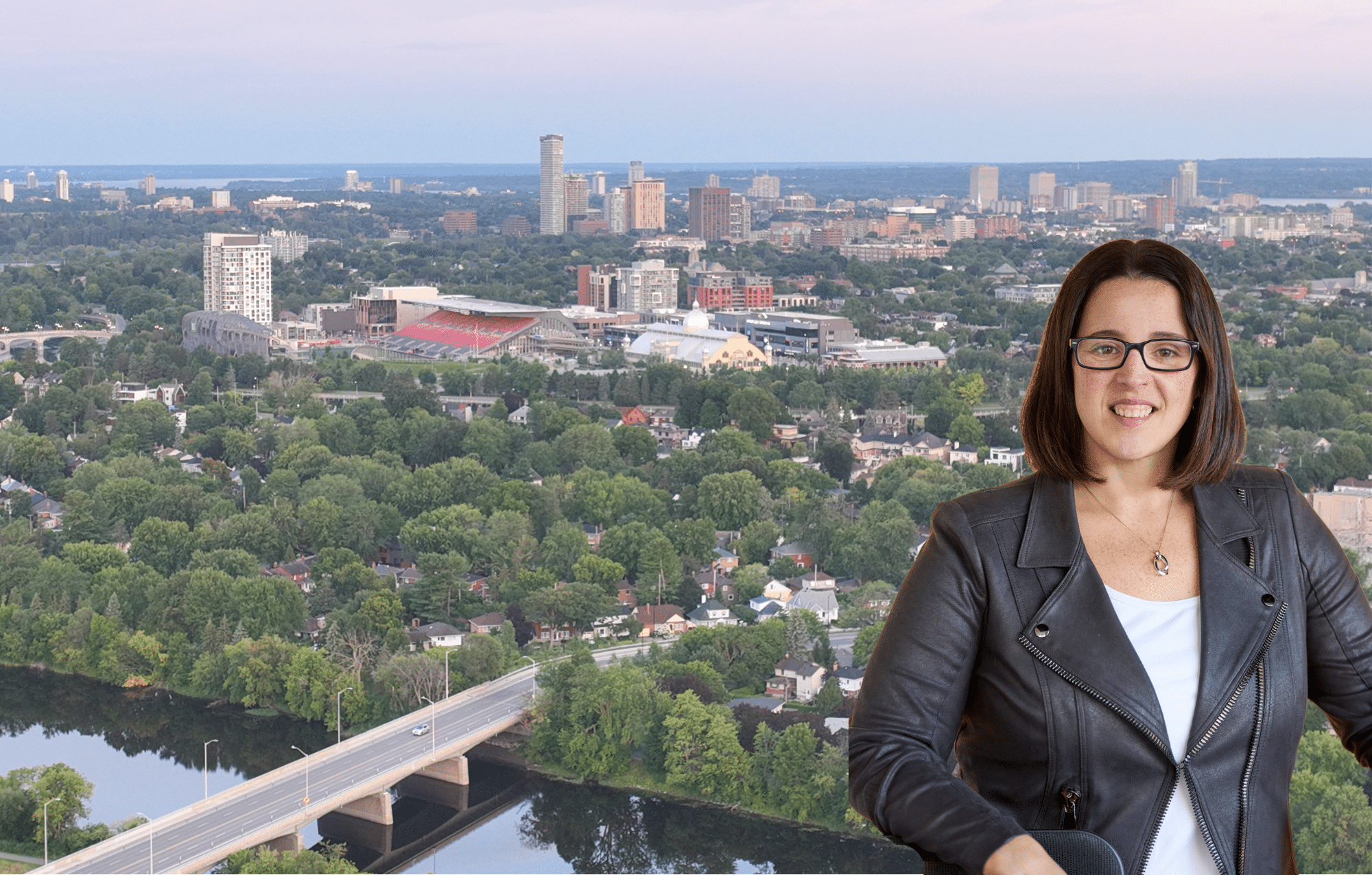 An image of the first female managing partner at McCay Duff LLP in Ottawa with the background image of Lansdowne Park.